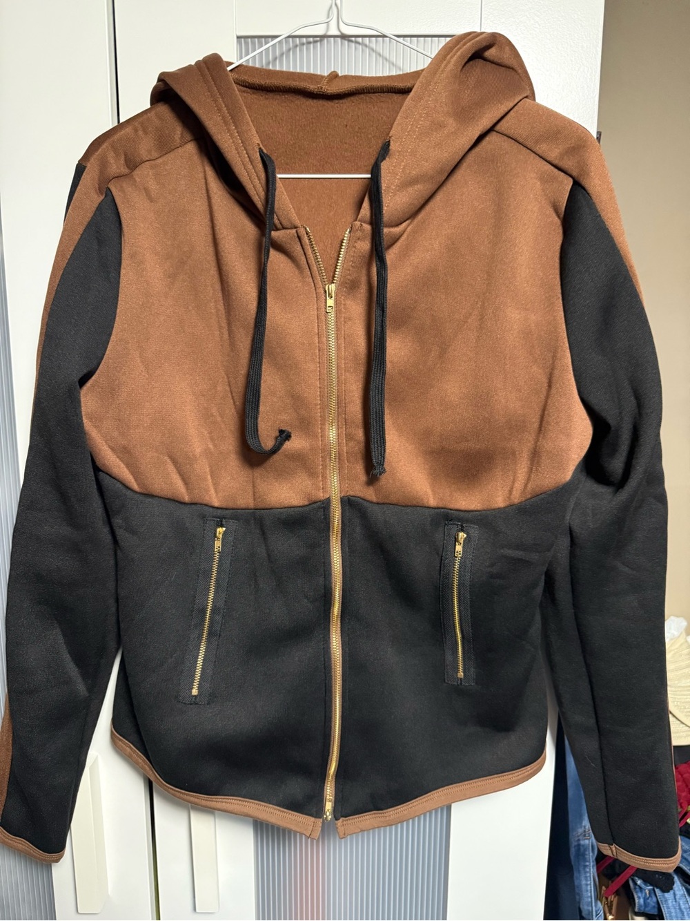 Womens Two-Tone Hooded Zip Jacket - Brown & Black